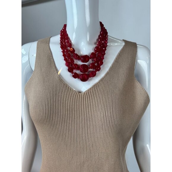 Vintage Triple-Strand Red Lucite Beaded Necklace With Brass Findings & Hook Clas - Picture 8 of 16